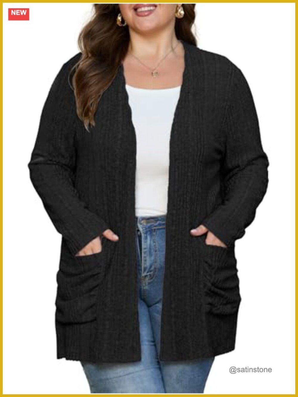 Plus Size Open Front Ribbed Cardigan Sweater with Pockets Long Sleeve